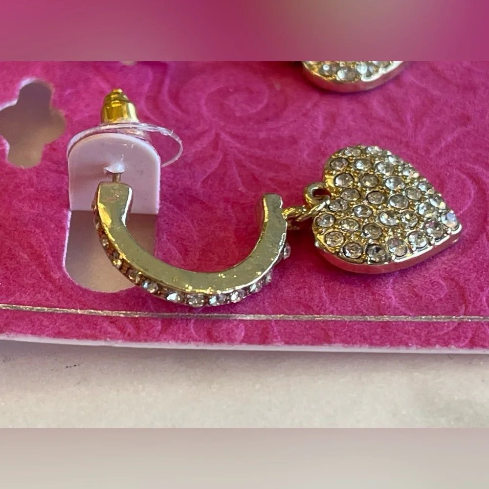 HOLIDAY LANE PAVE PUFFY HEART GOLD TONE CRYSTAL CHARM HOOP EARRINGS Valentine